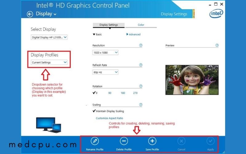 Using the Intel Graphics Card's Control Panel to rotate a display